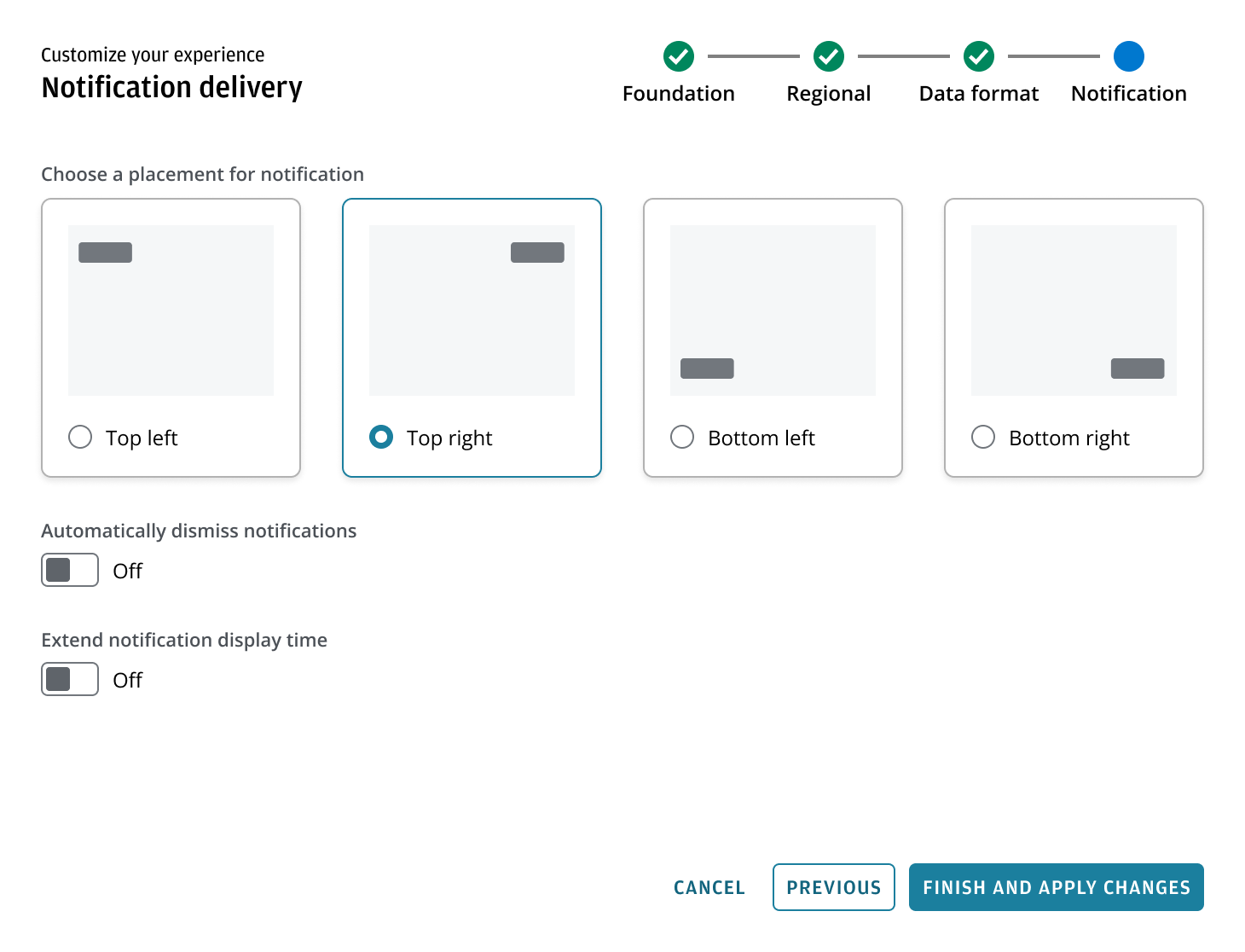 Card selection example for notification placement options