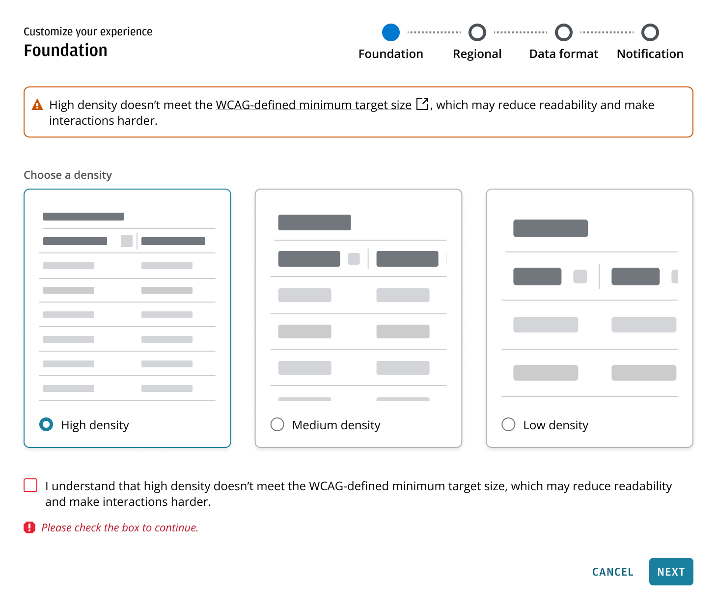 Guidance and acknowledgement flow for accessibility-impacting choices