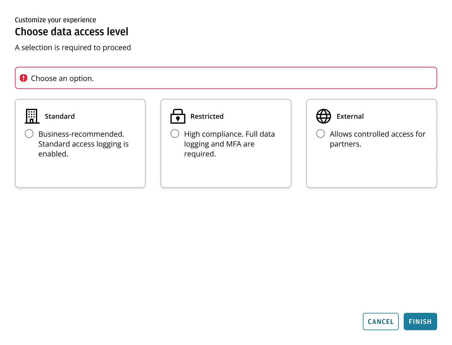 Mandatory configuration step requiring a selection before continuing